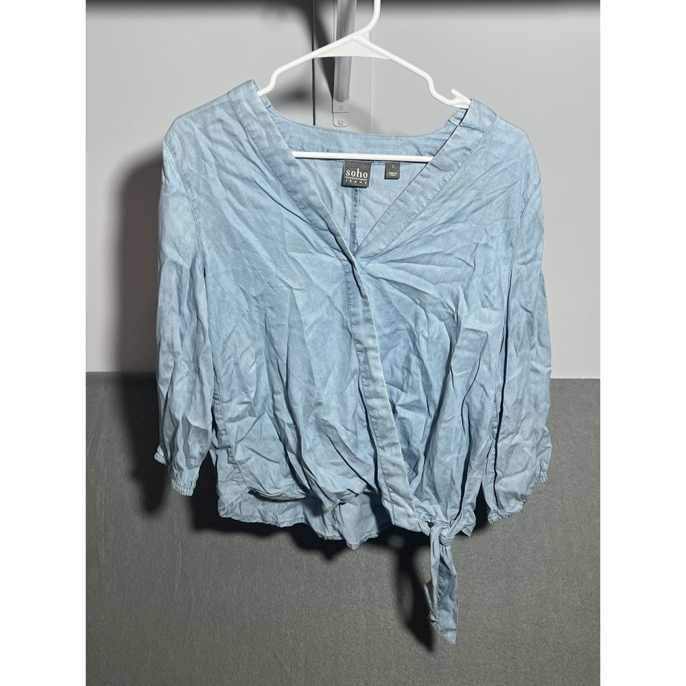 Soho New York & Company Women's Light Blue‎ Lyocell Wrap Tie Front Blouse Top